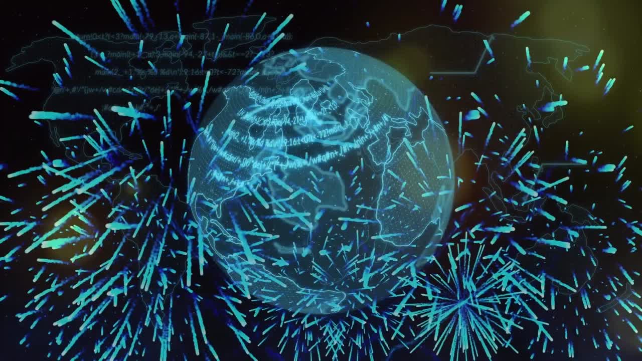 Animation of fireworks over globe rotating on black background