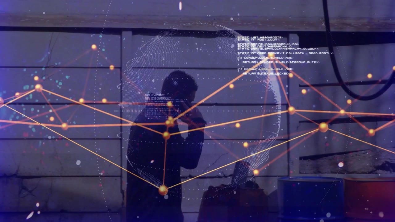 Man raising smartphone to ear and calling in garage, activating pulsing network globe overlay