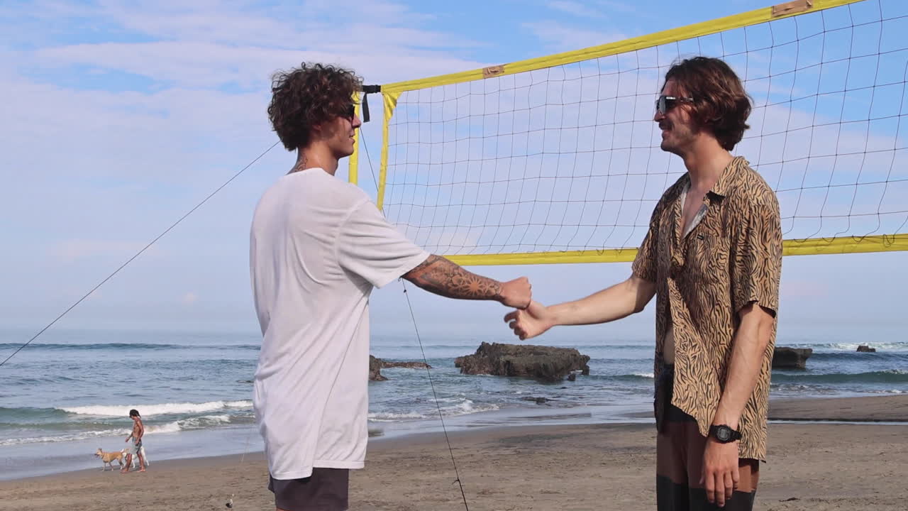 해변에서 악수하는 친구들.