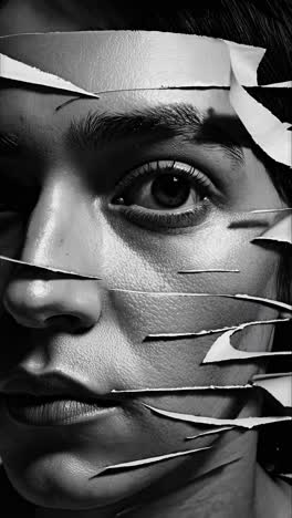 monochrome portrait featuring woman's partially obscured face with white striped overlay, conveying fragmented identity, concealed emotions, psychological complexity