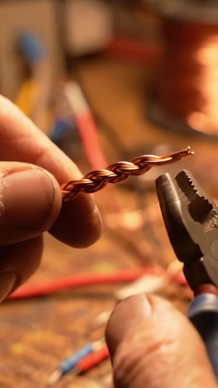 Close-Up of Twisted Copper Wire Being Held Between Fingers and Pliers in a Workshop Setting, Showcasing Attention to Detail in Craftsmanship