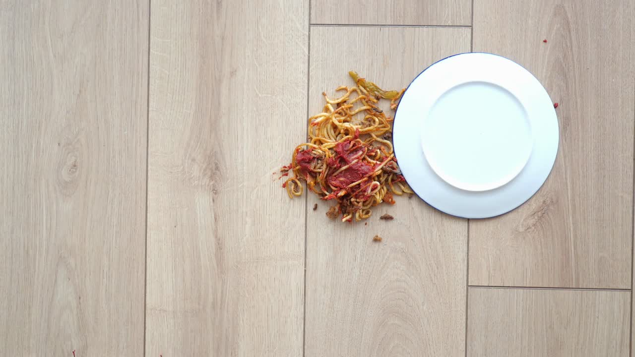 바닥에 스파게티를 흘렸어