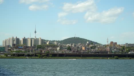 view from han river of iconic namsan tower in yongsan district, seoul, south korea