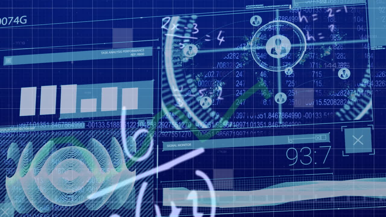 파란색 배경에 데이터 처리를 통해 수학 방정식의 애니메이션