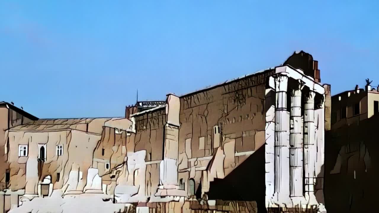 presente y pasado del foro augusto de roma en italia, reconstrucción de animación de dibujos animados