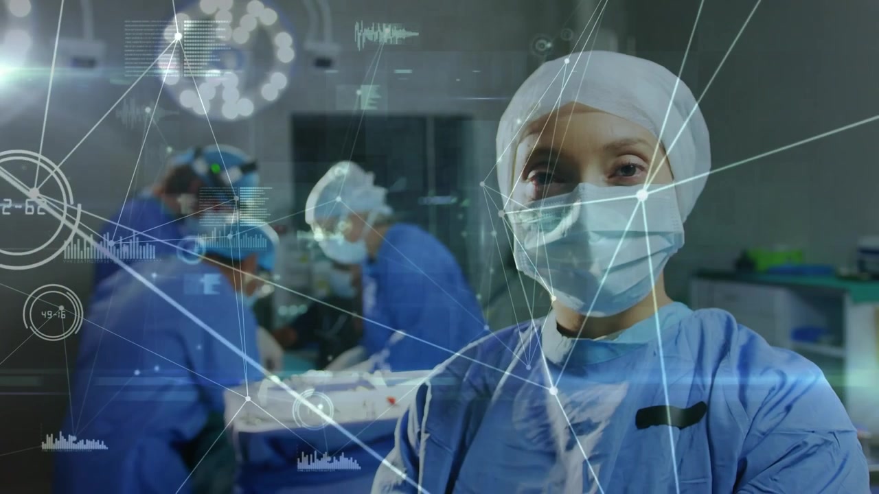 Animação de conexões sobre uma equipe de cirurgiãs do Oriente Médio durante uma operação.