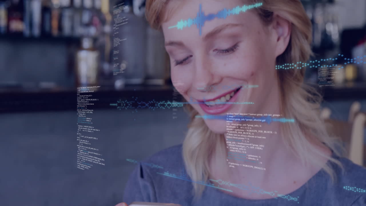 woman using smartphone in cafe, demonstrating audio tech with blue waves and code overlays