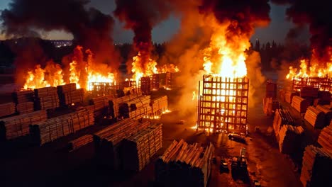 un gran fuego está ardiendo en un gran almacén.