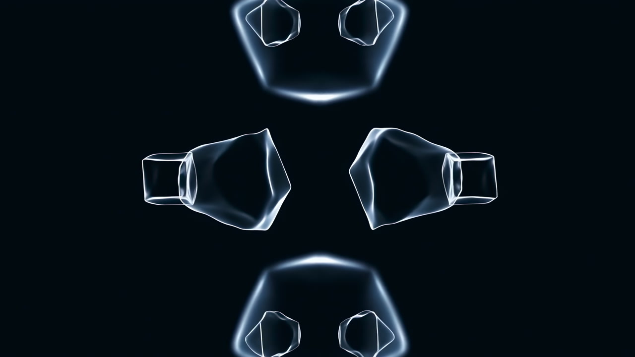 Transparent Glass Crystal Kaleidoscope Symmetry, Mirrored Geometric Forms Rotate Over Black Field Producing