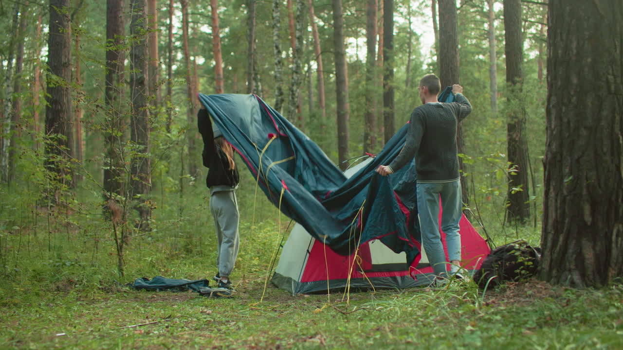 Siblings walk through forest holding tent cover, approach pitched tent and prepare to place cover over it, surrounded by greenery, trees, and soft daylight in outdoor woodland setting
