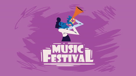 music festival lettering with trumpet animation