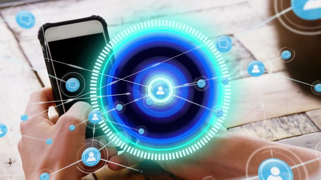 Futuristic interface with people icons connecting at nodes over businessman using smartphone