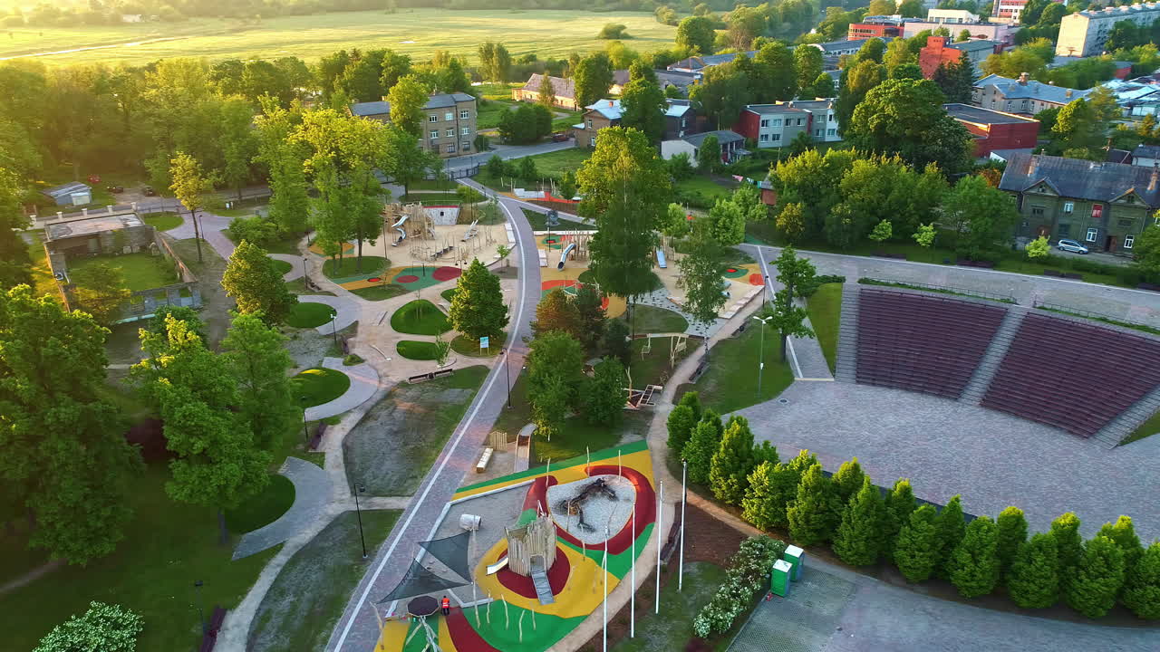 New development modern complex playground and walking park area in suburban zone of town