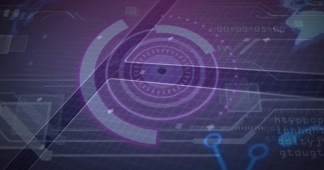 Interface de technologie numérique avec des éléments HUD circulaires rotatifs.