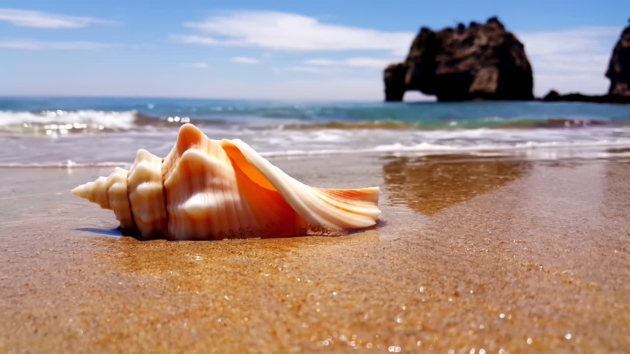 Low-angle video of a seashell on a sandy beach with waves and rock formations in the background