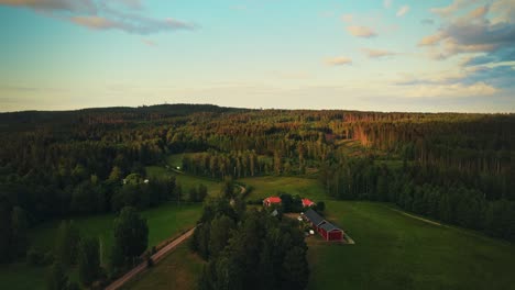 countryside spring landscape with fresh green meadows and forests near hjo, sweden - aerial shot
