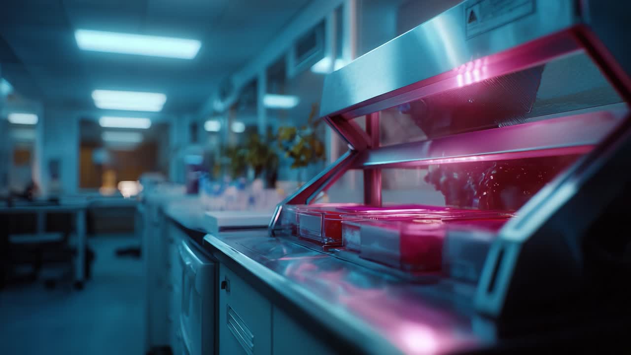 Advanced laboratory equipment showcasing a high-tech chamber with glowing pink lights, encapsulating samples, and emphasizing sterile conditions in a modern research environment