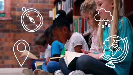 animatie van schoolgeografie pictogrammen die over gelukkige schoolkinderen bewegen die boeken lezen op school