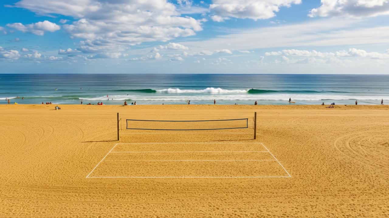 Enjoying a Sunny Day on the Beach with Volleyball Courts and Waves: Children Playing Amidst Scenic Coastal Beauty and Relaxation. Unforgettable Fun in the Sun!