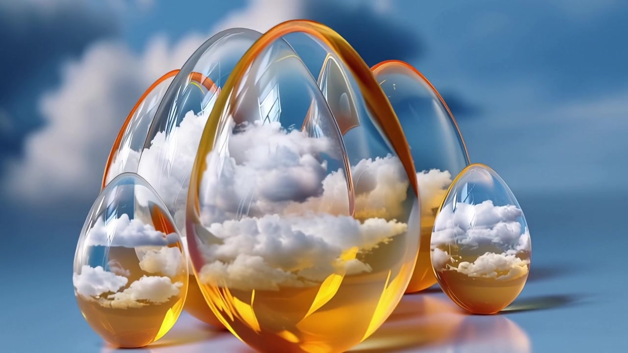 Transparente Glaseier, die Wolken und goldene Flüssigkeit spiegeln