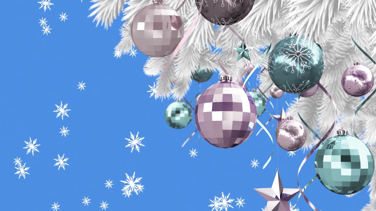 animación de la nieve cayendo sobre la decoración de navidad sobre fondo azul