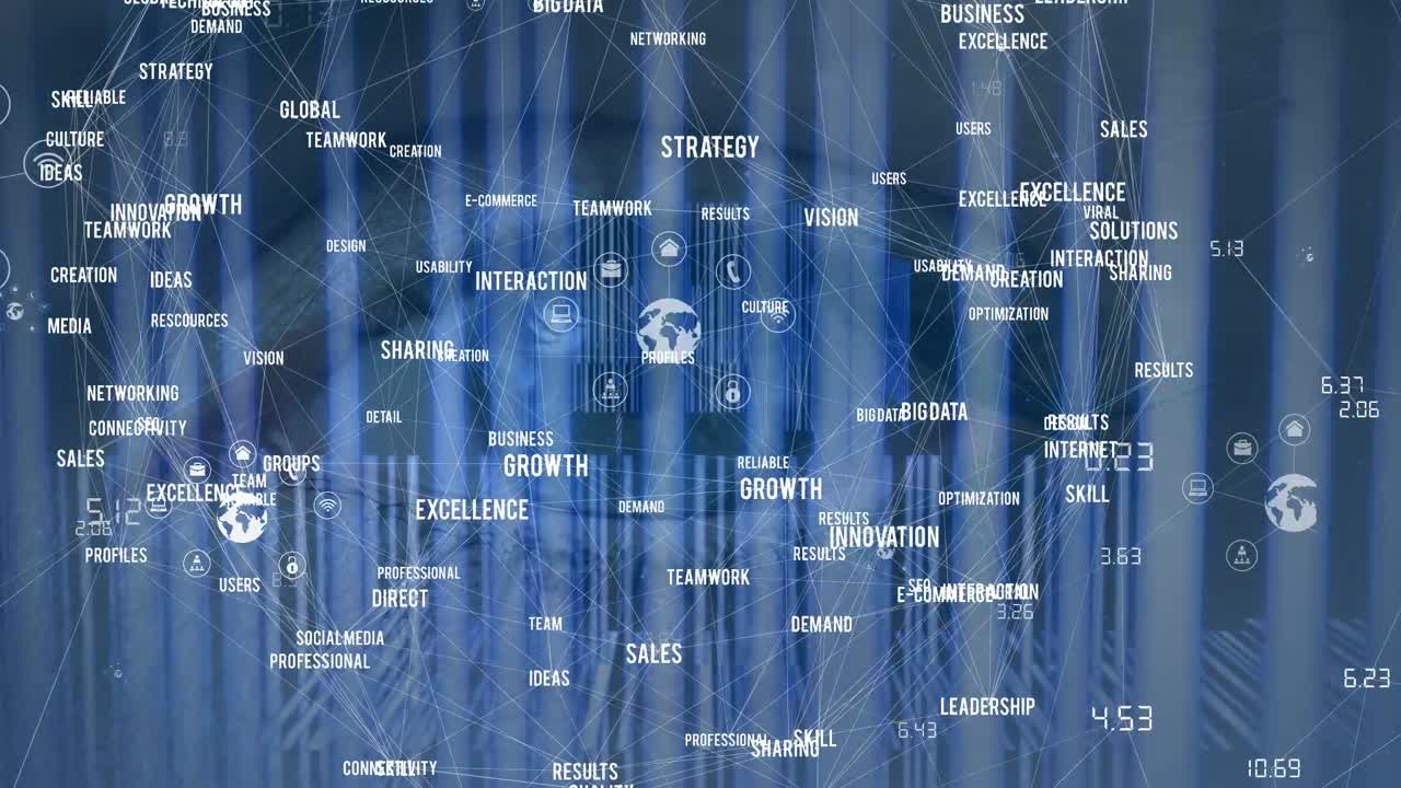 Animation of connections, coordinates and floating icons over eye of woman