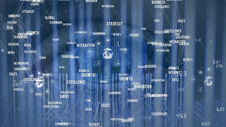 Animation of connections, coordinates and floating icons over eye of woman
