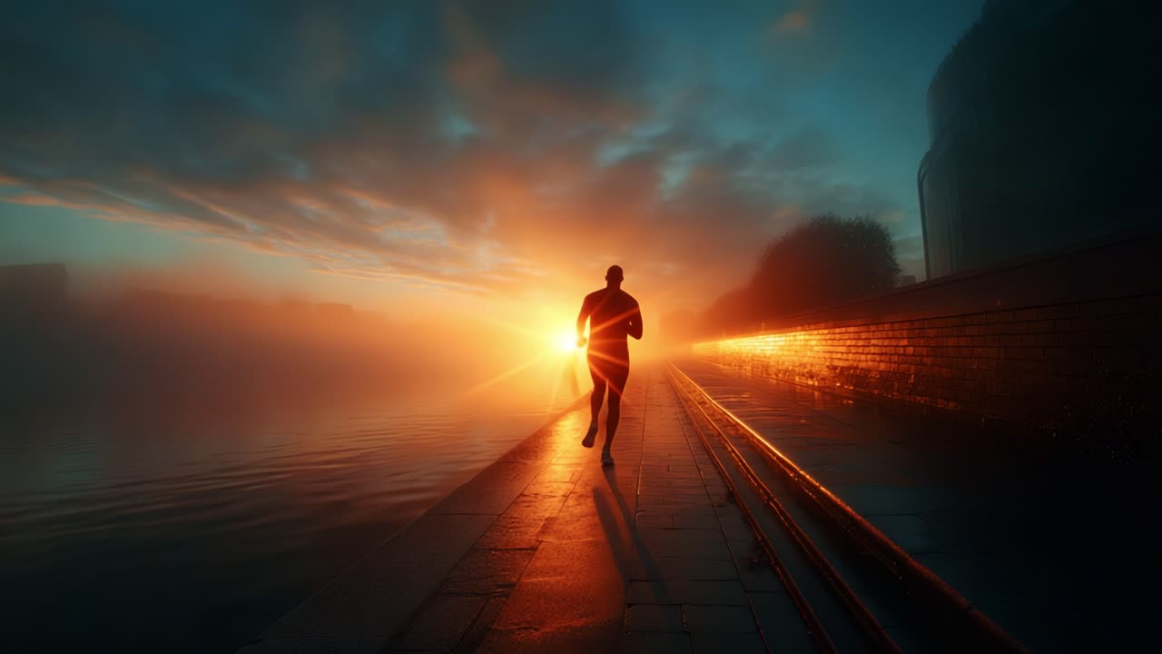 A solitary runner navigating a foggy pathway as the sun rises, basking the landscape in warm golden hues, creating a serene and motivational atmosphere for outdoor activities