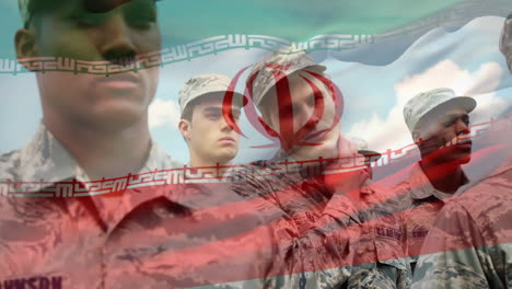 animation of flag of iran waving over diverse soldiers