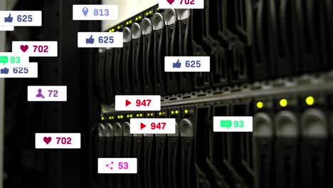 animation of multiple social media icons against close up of a computer server