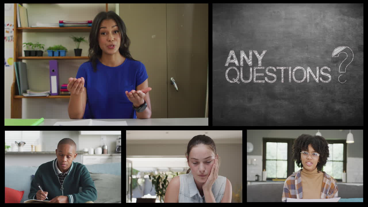 다양한 여성 교사, 학생들의 온라인 전화와 모든 질문 텍스트와 함께 화면