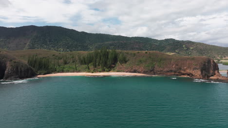 drone view of turtle bay, new caledonia, showing turquoise ocean waves washing onto a sandy beach surrounded by dramatic pine-covered hills