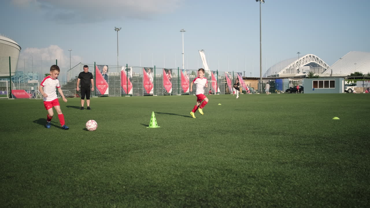 젊은 축구 선수 들 이 잔디 에서 훈련 하고 있다