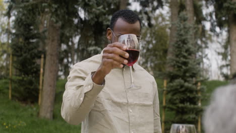 man standing in front of a table toasting with his friends at an outdoor party in the park 1