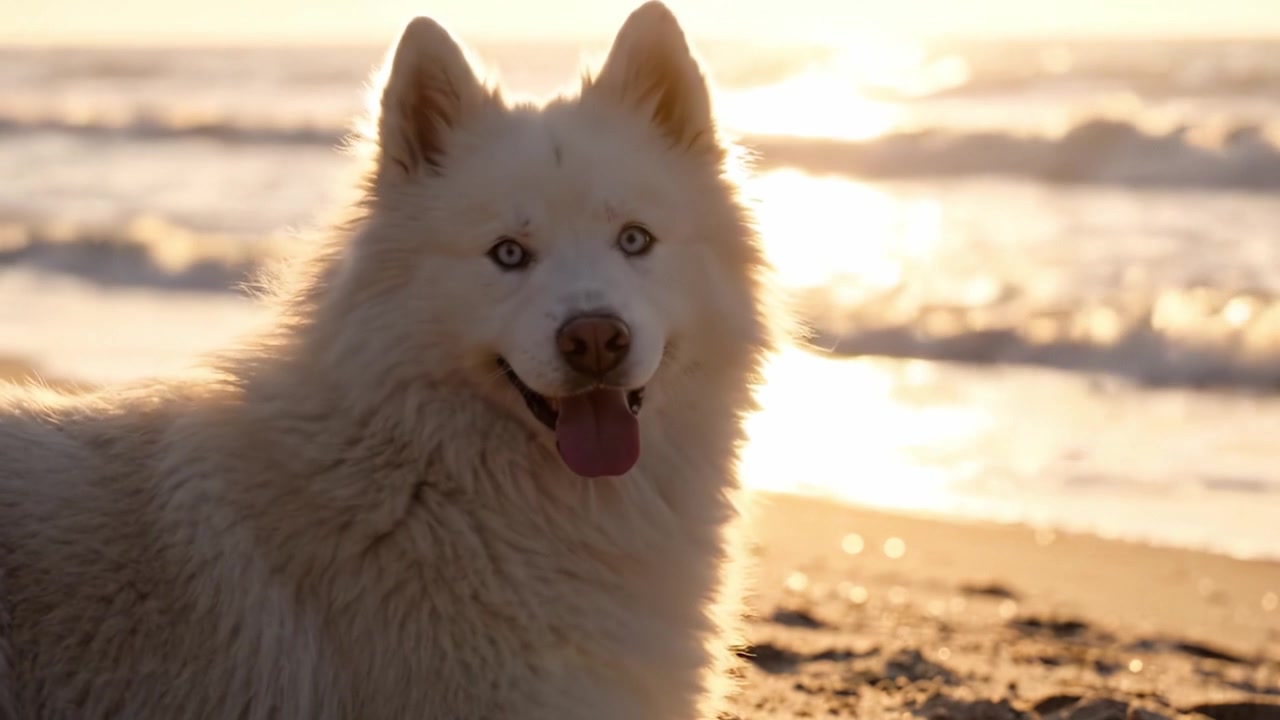 En majestetisk samojedhund nyter en vakker solnedgang på stranden, som fanger naturens ro og gleden ved selskap i rolige omgivelser