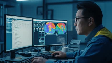 a focused professional analyzing medical imaging data on dual monitors with a cup of coffee in a modern office environment