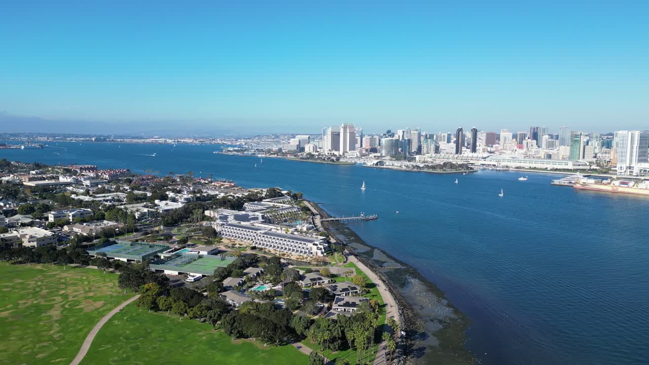 A stunning shot from Coronado, California, looking across the water at the San Diego skyline with clear views of the bay.