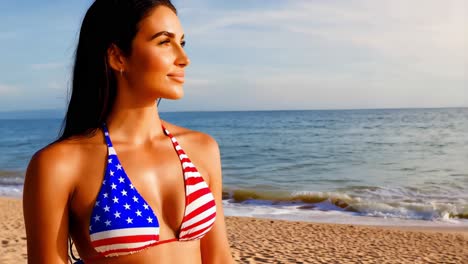 woman in american flag bikini on beach