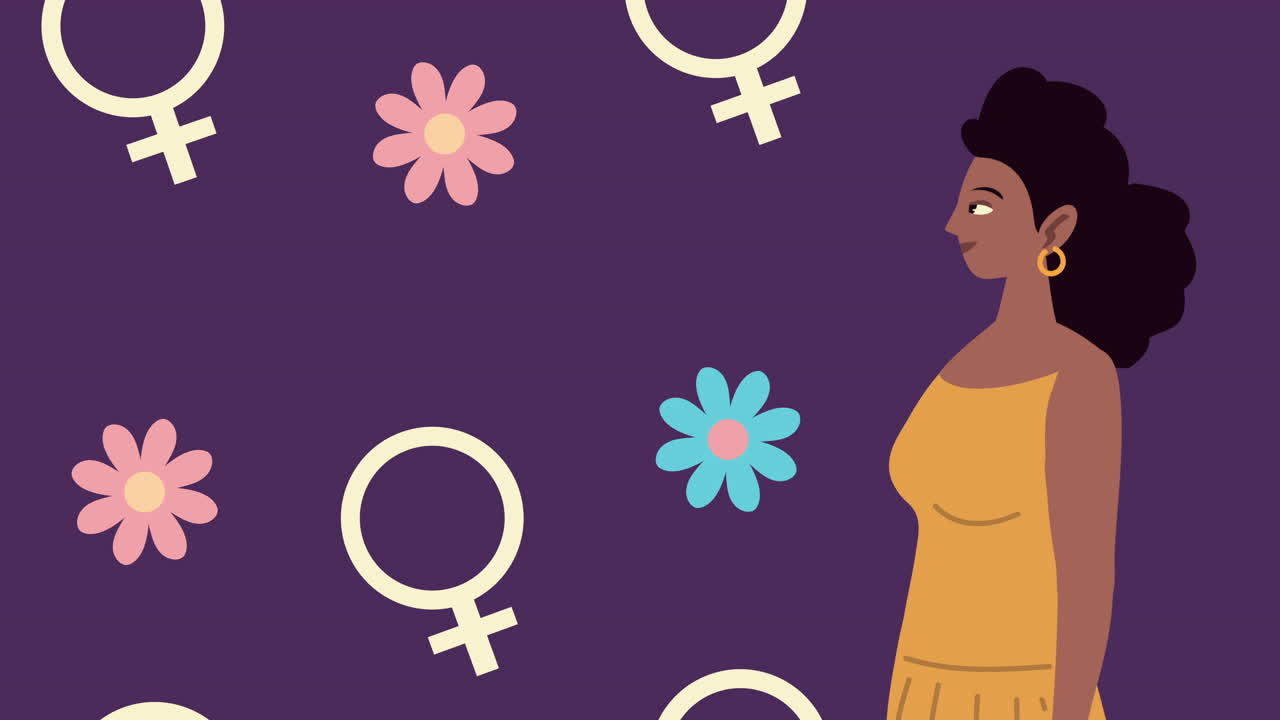 mujer hermosa afro con símbolos de género femenino y flores