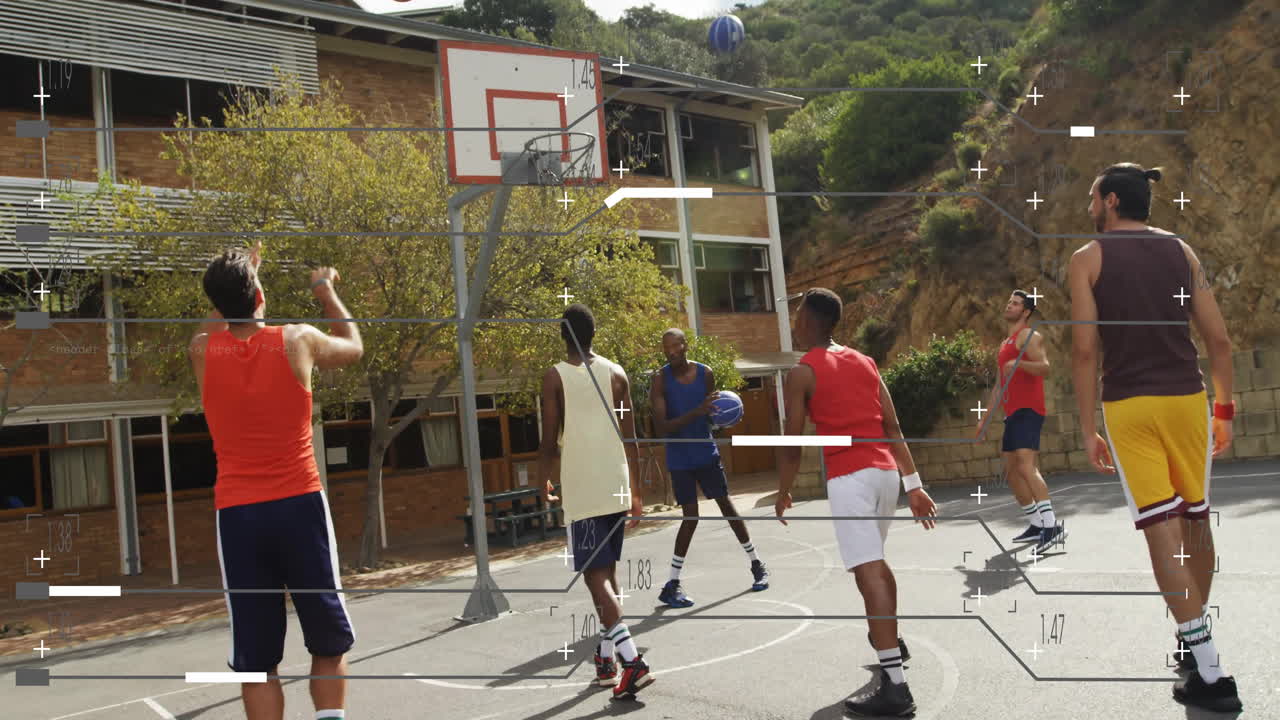 Playing basketball outdoors, people interacting with animation overlay in park scene