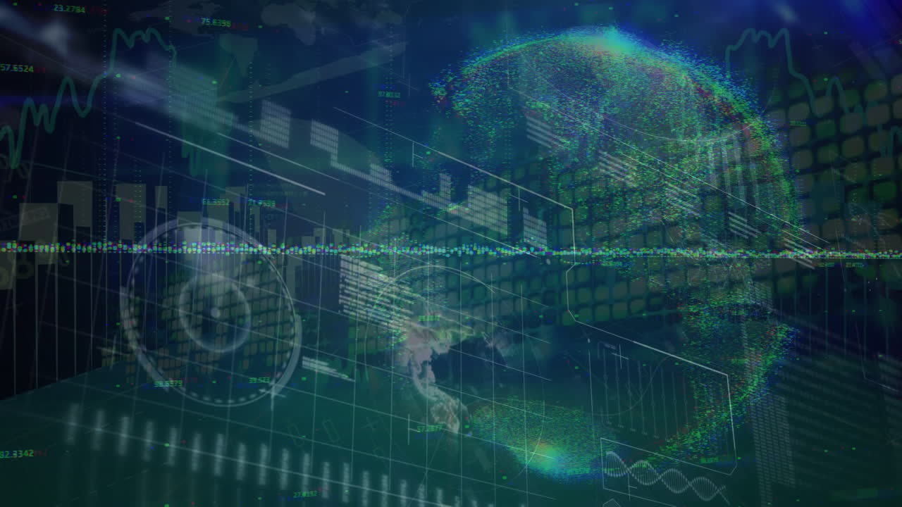 Animation of data processing and globe on black background