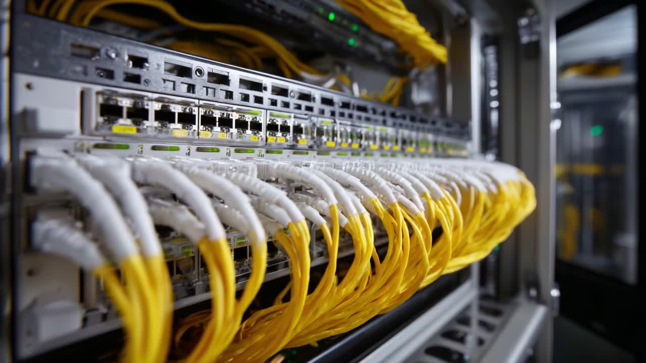 An Overview of Network Infrastructure: High-Speed Ethernet Cables Organized Neatly in a Data Center for Optimized Connectivity and Data Transfer Efficiency
