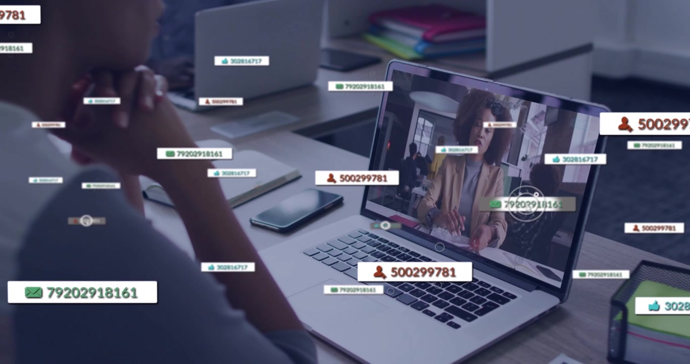 Woman opening laptop for remote presentation, engagement metrics floating then fading over screen