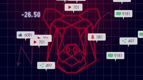 red wireframe pig head floating over grid, displaying pink line charts and social media metric tags