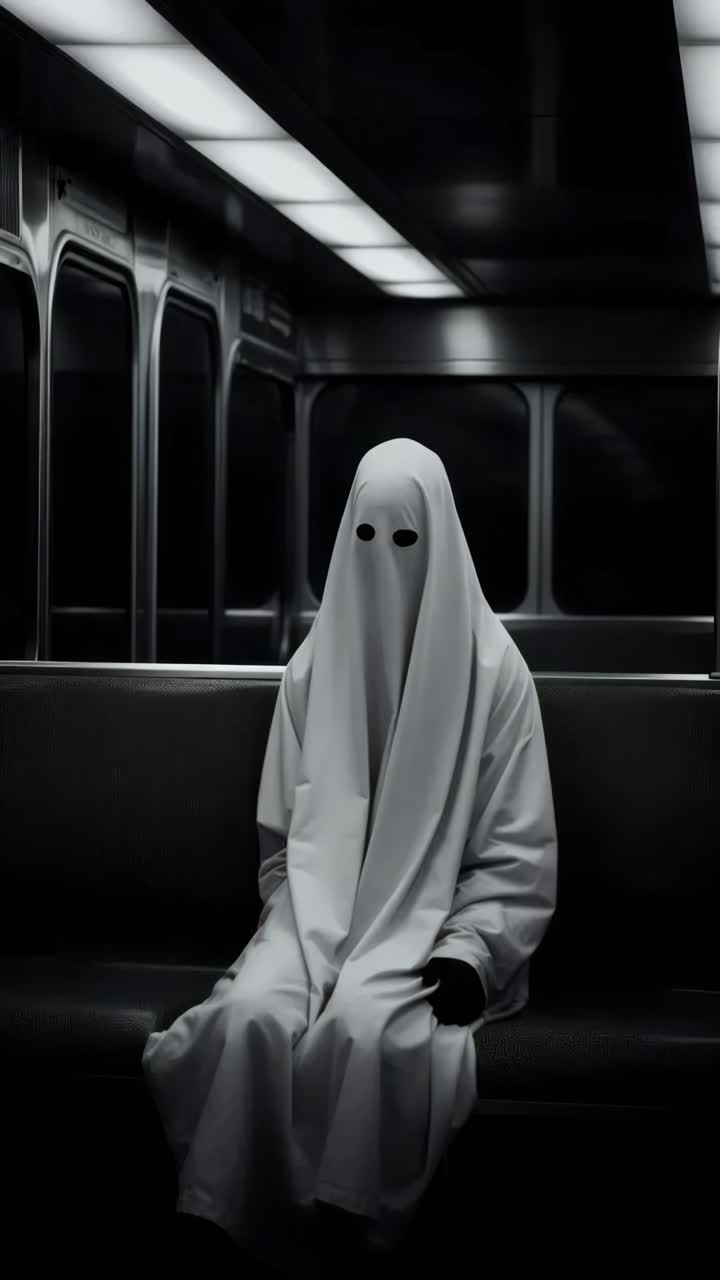 Loş bir metroda oturan beyaz çarşaflı hayaletimsi bir figürün ürkütücü video konsepti
