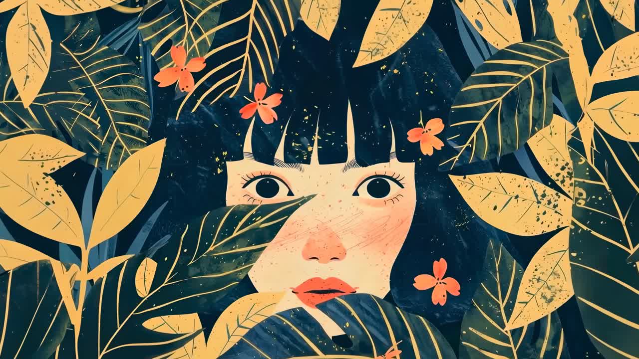 Illustration of a woman's face peeking through dense foliage with a mysterious vibe