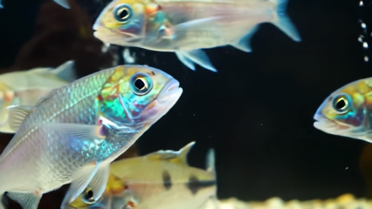 A diverse group of colorful fish swim in a lively aquarium environment. They display unique patterns while bubbles rise around them, creating a serene atmosphere for viewers.