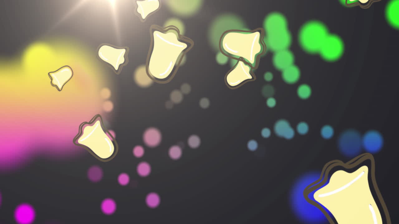 크리스마스 벨 아이콘의 애니메이션과 복사 공간과 함께 검은색 배경에 다채로운 빛의 반점