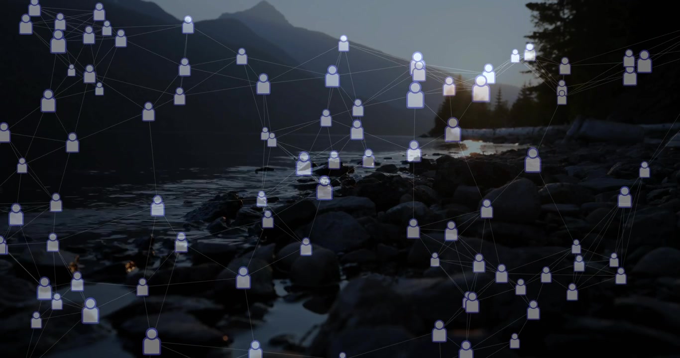 Faint user-icon symbols appearing over lake, clustering, weaving lines to visualize digital network