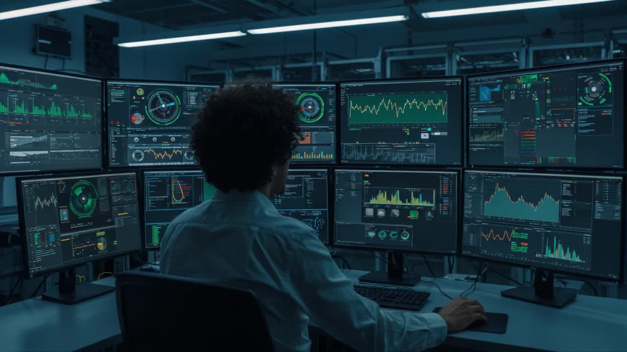 Analysis in Action: A Focused Operator Monitors Multiple High-Tech Screens to Decipher Data Trends and Make Informed Decisions in a Dynamic Environment